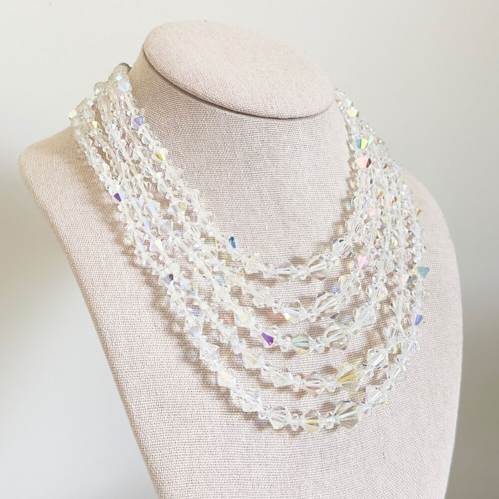 Vintage Clear Aurora Borealis AB Crystal Graduated 5 Row Multi Strand Necklace - Picture 6 of 10